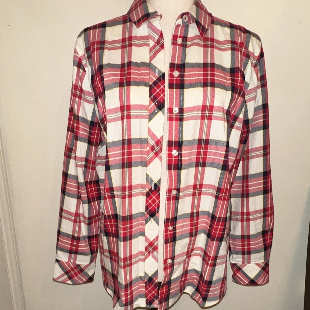Talbots Women's Petite LP Red/White/Green Plaid Collared 100% Cotton Button-Up